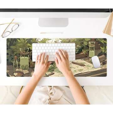 Cute Green Plants Desk Mat Anime Sage Mouse Pad Gaming Desk Pad XL, Kawaii Aesthetic Laptop Computer Keyboard and Mouse Mat, Desktop Decor Accessories Mousepad for Girl Women Office 31.5"x11.8"