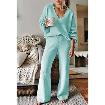 Viottiset Women's 2 Piece Outfits Sweater Set V Neck Knit Pullover Top Wide Leg Pants Sweatsuit Ligh...