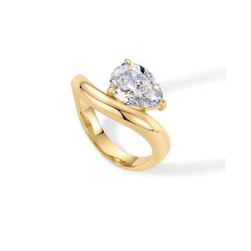 PAVOI 14K Yellow Gold Plated Pear Solitaire Premium Cubic Zirconia Engagement Ring for Women | Trendy Fake Wedding Ring | Wavy Band Promise Ring - Size 9