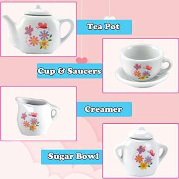 16 Piece Rose Flower Miniature Porcelain Ceramic Tea Set | Kids Toy Mini Pretend Play Kitchen Decora...