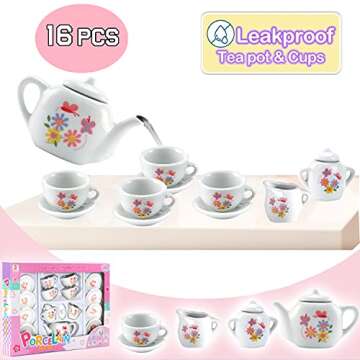 16 Piece Rose Flower Miniature Porcelain Ceramic Tea Set | Kids Toy Mini Pretend Play Kitchen Decorated Playset | Small Party Accessories Teapot, Cups, Sugar Bowl and Creamer