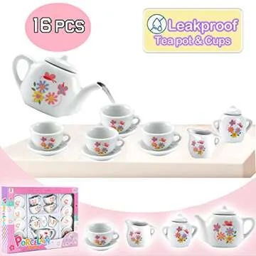 16 Piece Rose Flower Miniature Porcelain Ceramic Tea Set | Kids Toy Mini Pretend Play Kitchen Decorated Playset | Small Party Accessories Teapot, Cups, Sugar Bowl and Creamer
