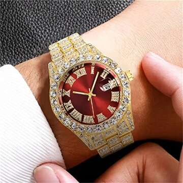 SENRUD Unisex Crystal Watch Fashion Diamond Watch Mens Womens Full Iced-Out Watches Luxury Diamond Bracelet Watch (Gold red)