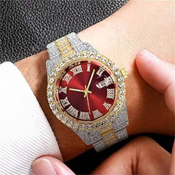 SENRUD Unisex Crystal Watch Fashion Diamond Watch Mens Womens Full Iced-Out Watches Luxury Diamond Bracelet Watch (Gold red)