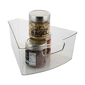 Kitchen Details 2 Pack Lazy Susan Bin | Triangular Pantry Organizer | Corner Cabinet | Handle | Spice Jars | Cans | Clear