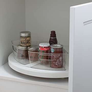 Kitchen Details 2 Pack Lazy Susan Bin | Triangular Pantry Organizer | Corner Cabinet | Handle | Spice Jars | Cans | Clear