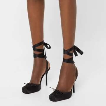 Riekhany Satin Ballet Heels for Women Closed Square Toe Bow Ballerina Heels Lace Up High Heel Slingback Pumps Strappy Stiletto Mary Janes Elegant Party Shoes Black