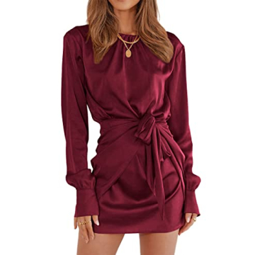 PRETTYGARDEN Women's Spring Satin Dress Long Sleeve Tie Waist Elegant Cocktail Party Mini Fall Dress...