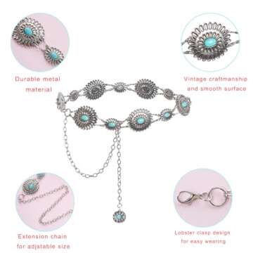 Topbuti Western Metal Oval Concho Chain Belt for Women Cowgirl Turquoise Waist Chain Belt for Dresses Jeans Western (Green)