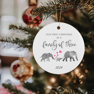 Our First Christmas as a Family of 3 Elephant 2024 Christmas Ornament Growing Family of 3 Baby Shower Gift Mama Papa Baby New Parents Present Family Circle Ceramic with Gift Box (Family of 3)
