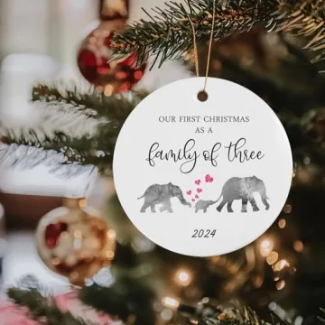 Our First Christmas as a Family of 3 Elephant 2024 Christmas Ornament Growing Family of 3 Baby Shower Gift Mama Papa Baby New Parents Present Family Circle Ceramic with Gift Box (Family of 3)