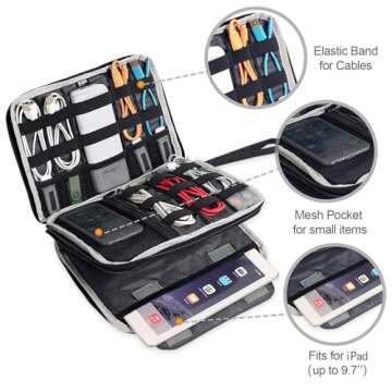 BUBM Double Layer Electronics Organizer/Travel Gadget Bag For Cables,Memory Cards,Flash Hard Drive and More,Fit For iPad Or Tablet(Up To 9.7")--Large, Black