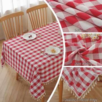 Alsoo Red Checkered Tablecloth Rectangle Cotton Linen Fabric Gingham Table Cloth Buffalo Plaid Valentines Day Table Cover with Tassel Washable for Kitchen Dining Picnic, Red White, 55X75''