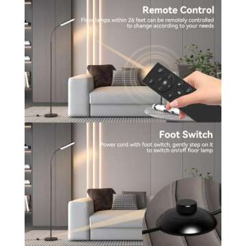 tigial LED Floor Lamp with Remote Control Foot Switch for Living Room, Stepless Adjustable Colour Te...