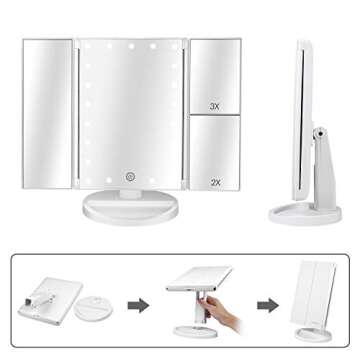 deweisn Floor Mount Tri-Fold Lighted Vanity Mirror with 21 LED Lights, Touch Screen and 3X/2X/1X Magnification, Two Power Supply Modes Make Up Mirror,Travel Mirror
