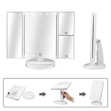 deweisn Floor Mount Tri-Fold Lighted Vanity Mirror with 21 LED Lights, Touch Screen and 3X/2X/1X Magnification, Two Power Supply Modes Make Up Mirror,Travel Mirror