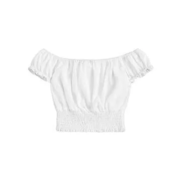 Floerns Women's Off The Shoulder Tie Neck Blouse Shirred Crop Top White M