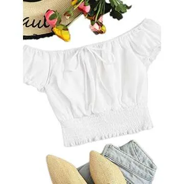 Floerns Women's Off The Shoulder Tie Neck Blouse Shirred Crop Top White M