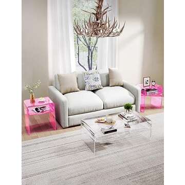 solaround Clear Acrylic End Table 2-Tier Bedside nightstand for Living Room Bedroom Home Decor (Pink)