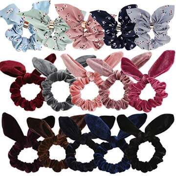 WillingTee 15pcs Women's Hair Scrunchies Velvet Scrunchy Rabbit Ear Elastic Hair Bands Chiffon Rabbit Ear Hair Scrunchies Elastic Hair Ties for Girls and Women