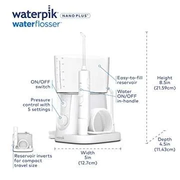 Waterpik Nano Plus Water Flosser For Teeth, Portable Electric Power, Compact For Travel and Home, 4 Flossing Tips, ADA Accepted, White WP-320
