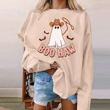 Halloween Boo Haw Ghosts Shirts for Women Cute Letter Funny Graphic Pullover Tops Long Sleeve Thanks...