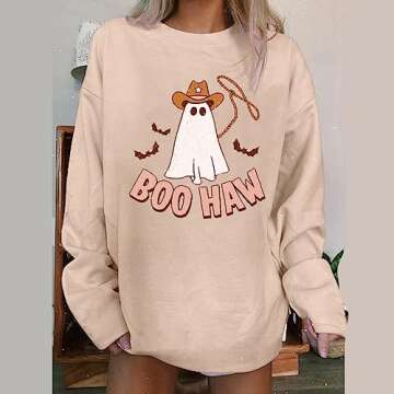 Halloween Boo Haw Ghosts Shirts for Women Cute Letter Funny Graphic Pullover Tops Long Sleeve Thanksgiving Gift Blouses Khaki Sweatshirts X-Large