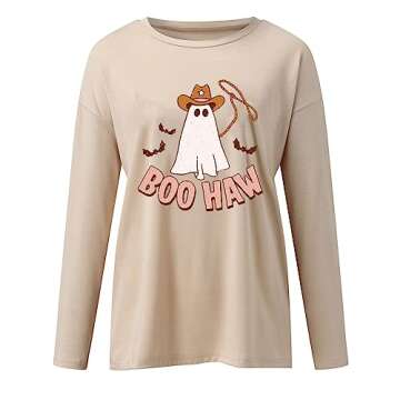 Halloween Boo Haw Ghosts Shirts for Women Cute Letter Funny Graphic Pullover Tops Long Sleeve Thanksgiving Gift Blouses Khaki Sweatshirts X-Large