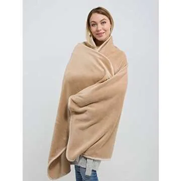 BlueHills Premium Soft Tall Travel Blanket Pillow for Airplane Traveling Essentials Long Flight Trip Throw in Bag case with Backpack Clip Compact Large Plane Accessories Beige T053