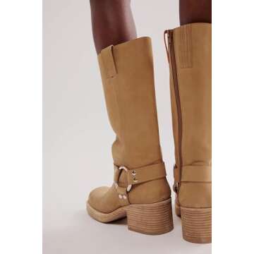 Yishaweiqi Women's Studds Biker Boots Chunky Heel Square Toe Knee High Boots Side Zipper Western Boots Fall Dress Riding Boots Motorcycle Boots