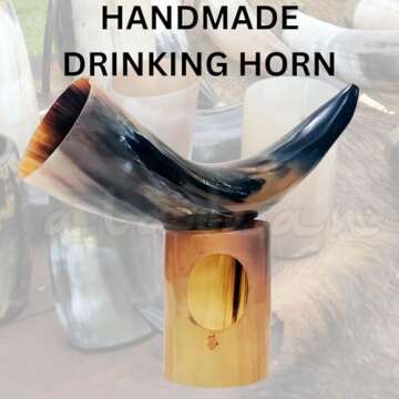 Viking Drinking Horn Mugs 10oz | Handmade Real Horn 9"-12" Cups for Ale Wine Beer Chalice Norse Tankard THOR LOTR Vikings Style Gift for Men - Birthday Christmas Anniversary (Drinking Horn)