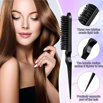 8 Pcs Hair Styling Set for Women, Girls, and Stylists: Teasing Brush, Edge Brush, Triple Comb, Rat Tail Comb with Clips (Black)