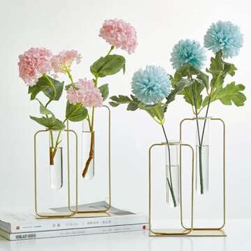 LamChyar Flower Vase, Nordic Simple Golden Iron Art Vase, Test Tube with Metal Frame, Hydroponic Plant and Flower, Vase for Modern Style Home Decor or Office Decor