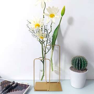 LamChyar Flower Vase, Nordic Simple Golden Iron Art Vase, Test Tube with Metal Frame, Hydroponic Plant and Flower, Vase for Modern Style Home Decor or Office Decor