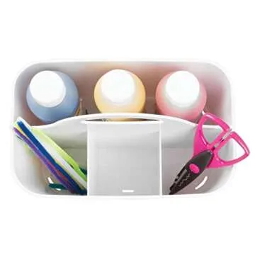 mDesign Plastic Portable Craft Storage Organizer Caddy Tote, Divided Basket Bin with Handle for Crafts, Sewing, Art Supplies - Holds Brushes, Colored Pencils - Lumiere Collection - 2 Pack - White