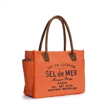 Lamyba Sel De Mer Canvas HandBag Upcycled Canvas Leather Tote Bag, Large Orange