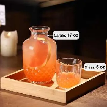 Bedside Water Carafe and Glass Set, Mfacoy 17 OZ Glass Pitcher & 5 OZ Cup, Bedside Night Carafe Pitcher and Water Glass Tumbler Set, Vintage Glass Water Pitcher with Cup Set for Bedroom