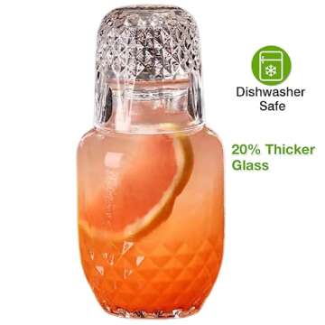 Bedside Water Carafe and Glass Set, Mfacoy 17 OZ Glass Pitcher & 5 OZ Cup, Bedside Night Carafe Pitcher and Water Glass Tumbler Set, Vintage Glass Water Pitcher with Cup Set for Bedroom