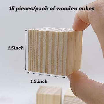 Wood Blocks for Crafts, 1.5 inch Unfinished Wood Cubes, 15 Pcs Natural Wooden Blocks, Wood Square Bl...