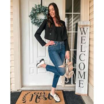 luvamia Womens Fashion Lapel Cropped Blazers for Women Business Casual Open Front Black Blazer Women Black Suit for Women Interview Outfits for Women Black Size Medium Fits Size 8 / Size 10