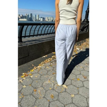 HOXIJIA Women Striped High Waist Loose Fit Wide Leg Trousers