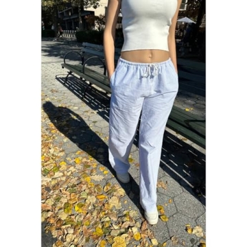 HOXIJIA Women Striped High Waist Loose Fit Wide Leg Trousers