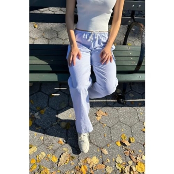 HOXIJIA Women Striped High Waist Loose Fit Wide Leg Trousers