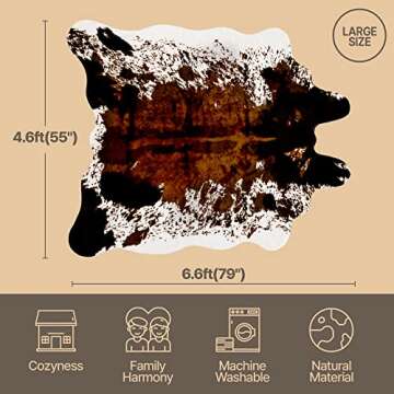 CONBEN Premium Faux Cowhide Rug Large (4.6ft x 6.6ft) - No-Slip Backing, Cow Print Decor - Western Wall Art Farmhouse, Western Floor Rugs for Living Room, Bedroom, Dining Area or Office