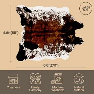 CONBEN Premium Faux Cowhide Rug Large (4.6ft x 6.6ft) - No-Slip Backing, Cow Print Decor - Western Wall Art Farmhouse, Western Floor Rugs for Living Room, Bedroom, Dining Area or Office