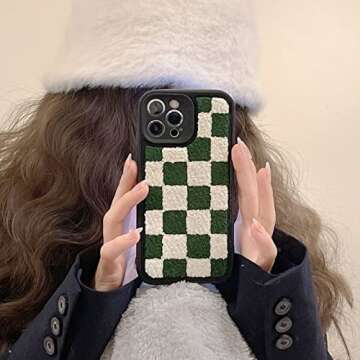 Tewwsdi Furry Green White Chessboard Phone Case Compatible with iPhone 13 Pro Max Checkerboard Slim ...