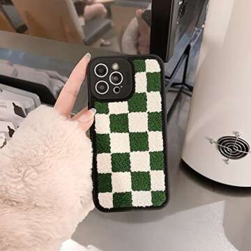 Tewwsdi Furry Green White Chessboard Phone Case Compatible with iPhone 13 Pro Max Checkerboard Slim Soft TPU Bumper+Terry Velvet Fluffy Warm Material Protective Cover(Green White Checkers)