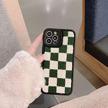 Tewwsdi Furry Green White Chessboard Phone Case Compatible with iPhone 13 Pro Max Checkerboard Slim Soft TPU Bumper+Terry Velvet Fluffy Warm Material Protective Cover(Green White Checkers)