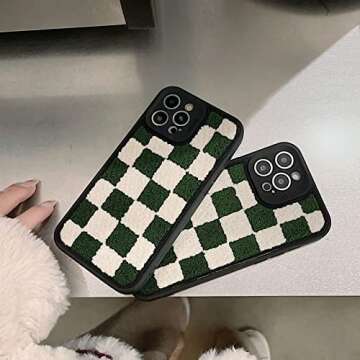 Tewwsdi Furry Green White Chessboard Phone Case Compatible with iPhone 13 Pro Max Checkerboard Slim Soft TPU Bumper+Terry Velvet Fluffy Warm Material Protective Cover(Green White Checkers)