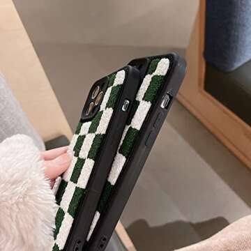 Tewwsdi Furry Green White Chessboard Phone Case Compatible with iPhone 13 Pro Max Checkerboard Slim Soft TPU Bumper+Terry Velvet Fluffy Warm Material Protective Cover(Green White Checkers)